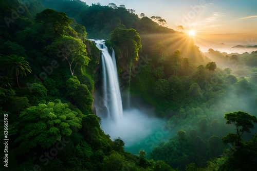 An Areal View of a Lush Jungle with Waterfall and Fog - AI Generative