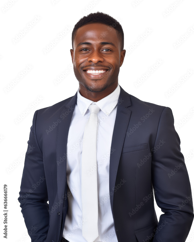 Beautiful African American businessman in suit, smiling, isolated on white transparent background, png - obrazy, fototapety, plakaty 