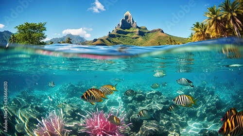 Fototapeta Naklejka Na Ścianę i Meble -  beautiful tropical island with coral reef full of fish swimming underwater, summer paradise, Generative Ai