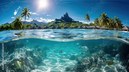 beautiful tropical island with coral reef full of fish swimming underwater  summer paradise  Generative Ai