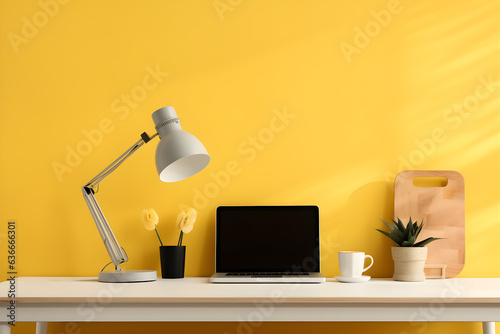 yellow work desktop with laptop, lamp, clock and flower vase, minimalist interior design photo