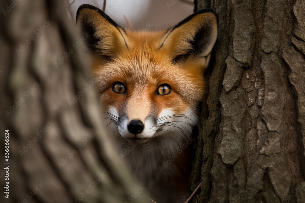 fox peeking out from behind a tree in a whimsical forest setting fox peeking out from behind a tree in a whimsical forest setting