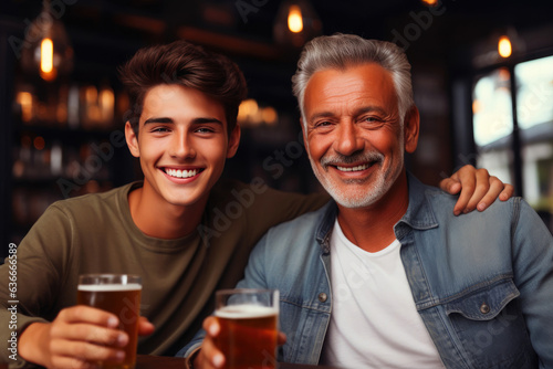 Foto Happy father drinking beer with his teenage son
