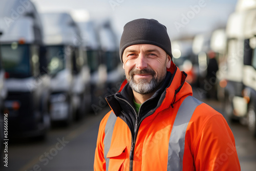 Foto Portrait of Truck driver standing with lined up in the background