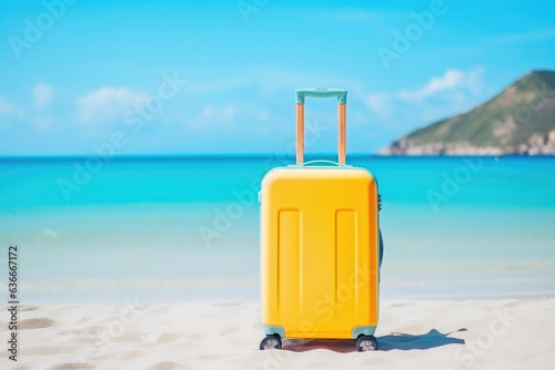 Stylish Yellow Luggage on Sandy Beach