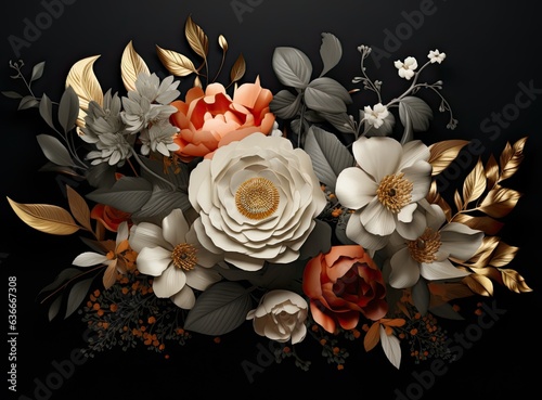 Vintage floral card. Beautiful garden flowers. Peonies, roses, tulips, lily, hydrangea on black background. . Created with Generative AI technology.
