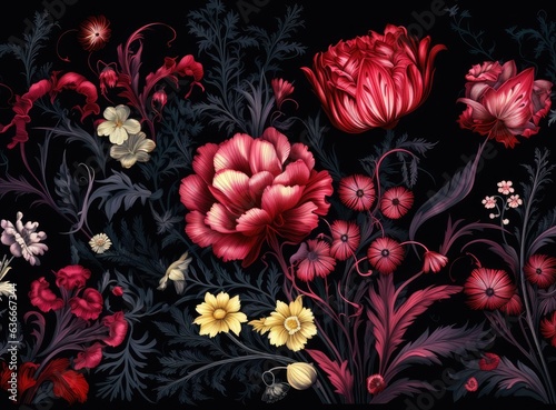 Vintage floral card. Beautiful garden flowers. Peonies, roses, tulips, lily, hydrangea on black background. . Created with Generative AI technology.