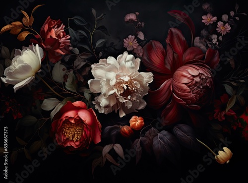 Vintage floral card. Beautiful garden flowers. Peonies, roses, tulips, lily, hydrangea on black background. . Created with Generative AI technology.