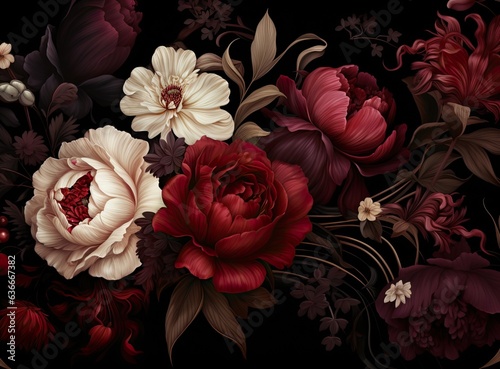 Vintage floral card. Beautiful garden flowers. Peonies, roses, tulips, lily, hydrangea on black background. . Created with Generative AI technology.