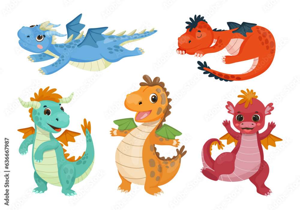 Naklejka premium Collection of cute dragons in cartoon style. Children's illustrations.