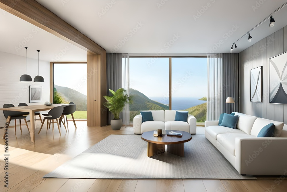 modern living room white interior with beautiful backyard view. Home living room design. 3D Rendering,