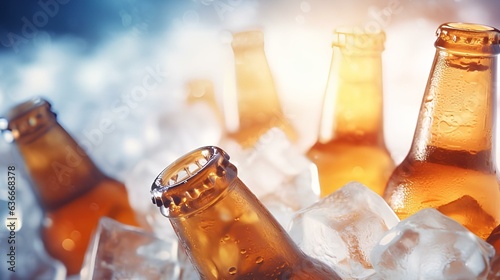 Cold refreshing beer in ice cubes.