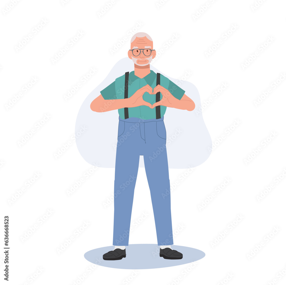 health care concept. Grandfather, Senior man doing hand sign heart gesture. Flat vector cartoon illustration health care concept. Grandfather, Senior man doing hand sign heart gesture. Flat vector cartoon illustration