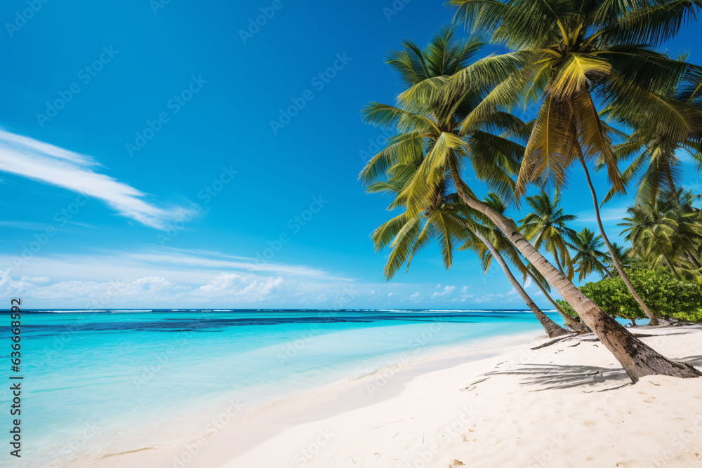 Panorama of beautiful tropical beach. Tropical beach with coconut palm trees and turquoise sea. Palm tree on tropical beach with turquoise water and white sand.