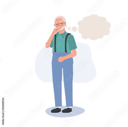 Creative Thinking concept. Senior man Contemplating with Thought Bubble. Senior man Thinking with Bubble
