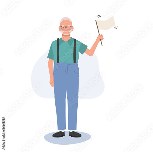 Surrendering to Life concept. Emotional Elderly man with White Flag in Retirement. Flat vector cartoon illustration