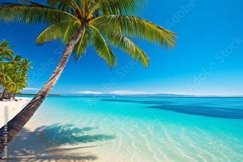 Panorama of beautiful tropical beach. Tropical beach with coconut palm trees and turquoise sea. Palm tree on tropical beach with turquoise water and white sand. © vachom
