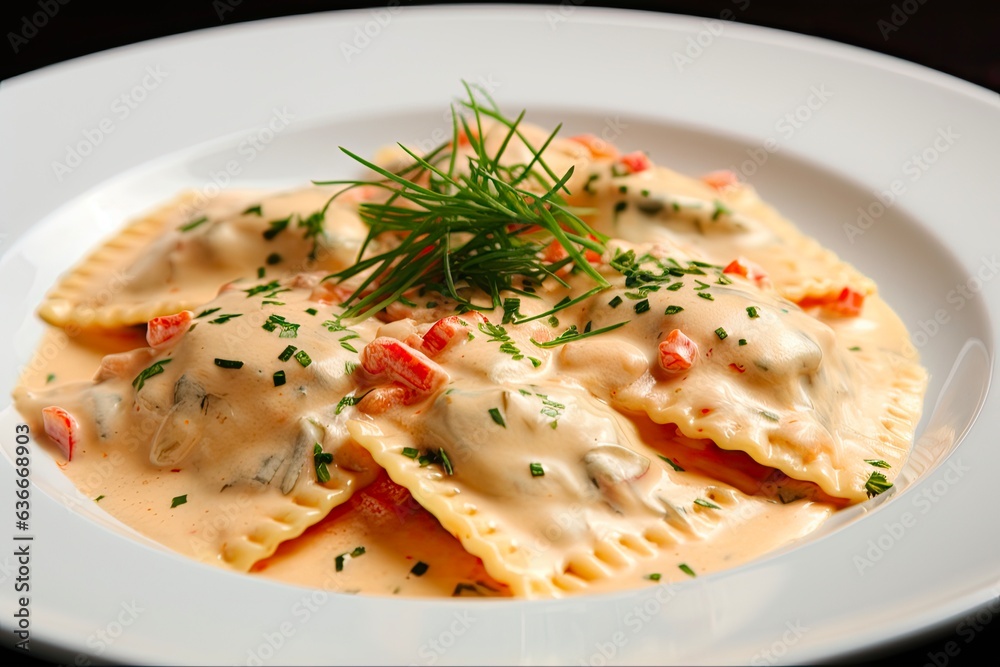 Creamy Lobster Ravioli in Delicious Sauce - Savoury Seafood Pasta Pocket Filled with Fresh Lobster for a Perfect Meal: Generative AI Creamy Lobster Ravioli in Delicious Sauce - Savoury Seafood Pasta Pocket Filled with Fresh Lobster for a Perfect Meal: Generative AI