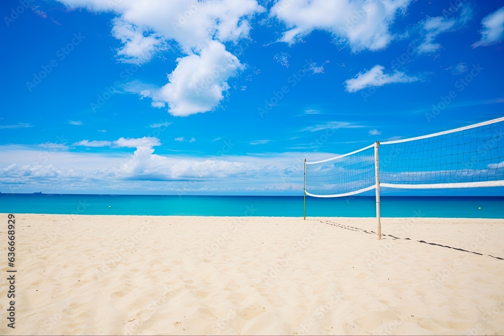Enjoy the Summer with Beach Volleyball: Empty Court with Volleyball Net on Tropical Sandy Beach: Generative AI Enjoy the Summer with Beach Volleyball: Empty Court with Volleyball Net on Tropical Sandy Beach: Generative AI