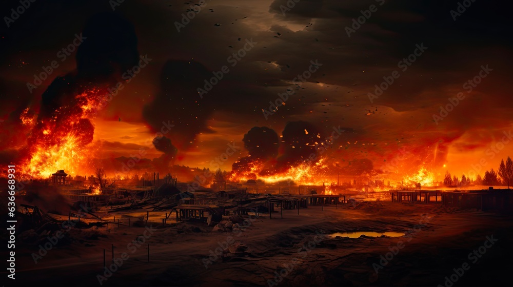 Environmental Destruction: Burning Abandoned Battlefield Landscape on Flame Black Smoke Cloud Dark Illustration Background due to War Blast: Generative AI