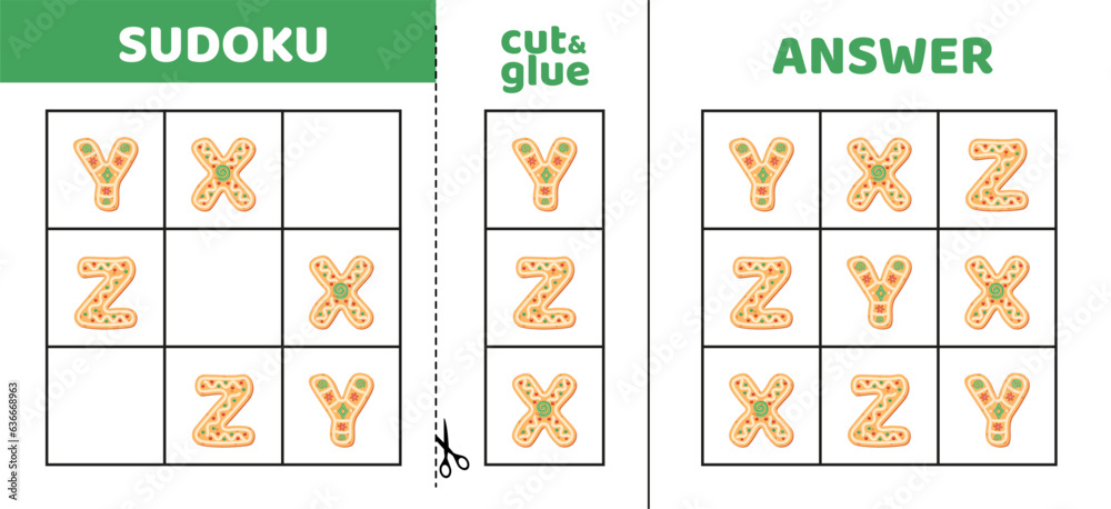 Easy sudoku with three cookie letters. X, Y, Z. Game puzzle for little kids. Cut and glue. Cartoon Easy sudoku with three cookie letters. X, Y, Z. Game puzzle for little kids. Cut and glue. Cartoon