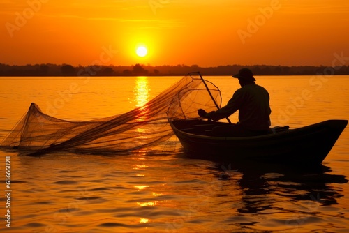 Fisher Man on Boat. Unidentified Silhouette Throwing Fishing Net in Rural Countryside for Lifestyle and Livelihood: Generative AI