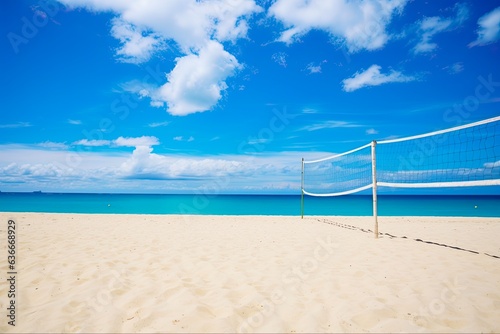 Enjoy the Summer with Beach Volleyball: Empty Court with Volleyball Net on Tropical Sandy Beach: Generative AI