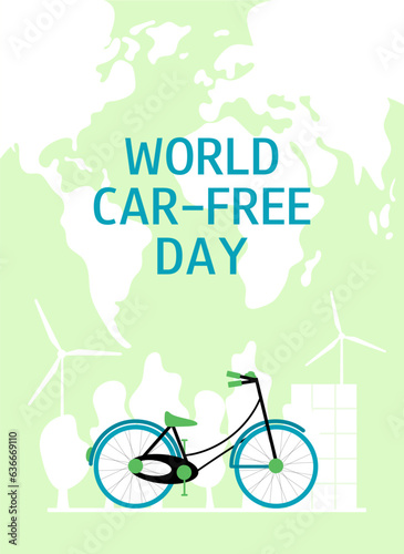 World car free day. Bicycle on the green background. World bicycle day banner or poster. Global environment. Vector illustration. 