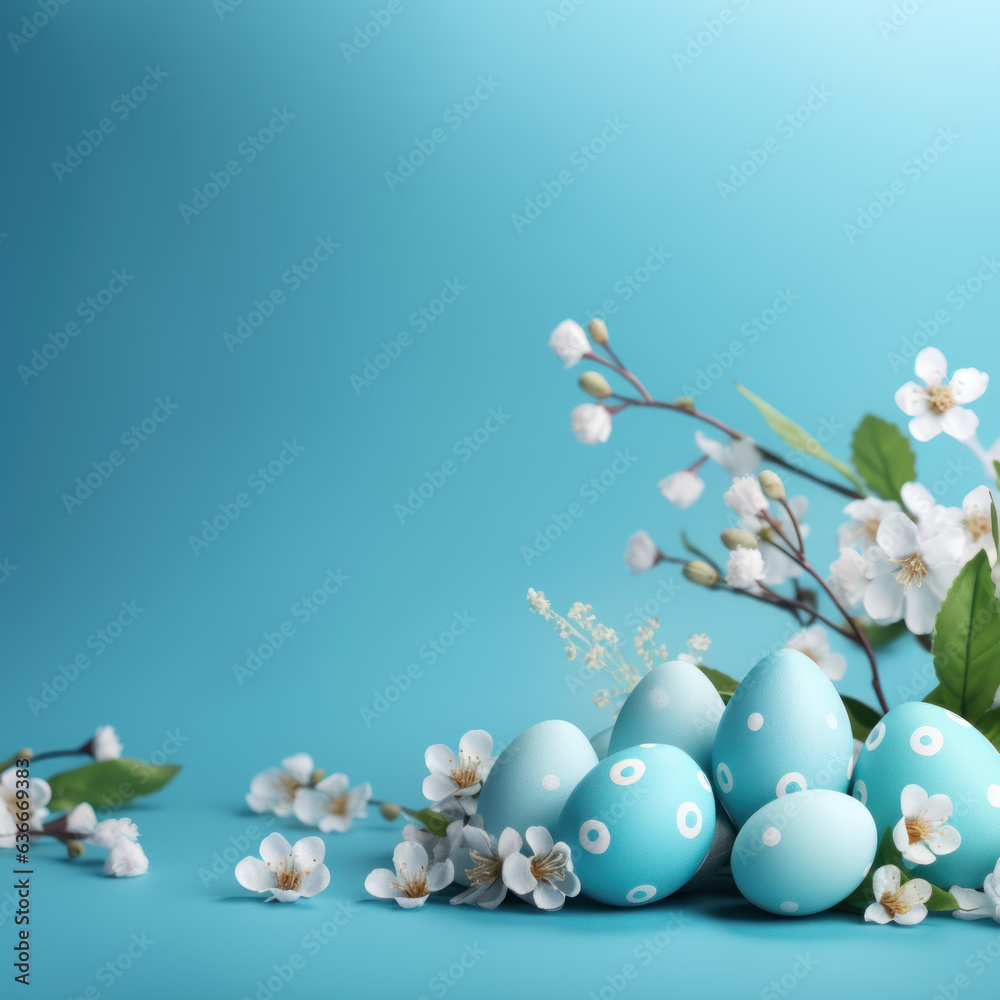 Easter background with eggs and spring flowers on dark blue background. Front view with copy space. Easter background with eggs and spring flowers on dark blue background. Front view with copy space.