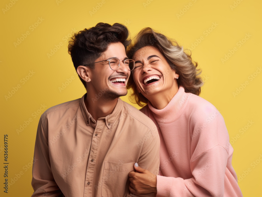 Fototapeta premium Boy laughing with her Mother on Mother's day wearing shirt on yellow background