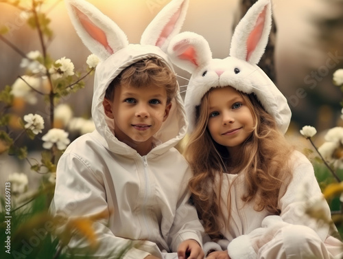 Smiling little brothers wearing bunny costumes on Easter day on blurred background