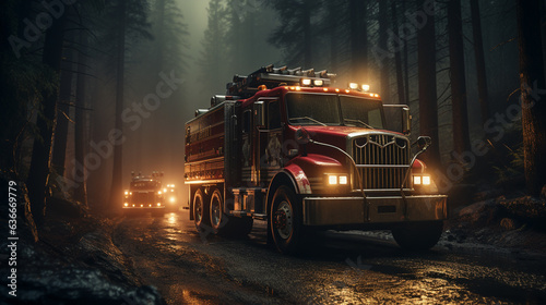 A fire truck driving through a forest.