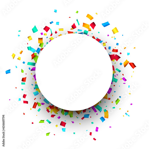 White round frame with colorful confetti.