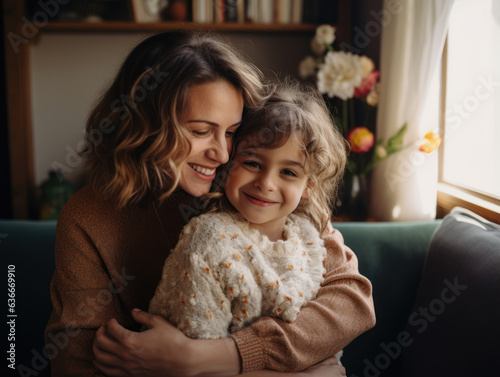 Photo of a smiling mother hugging her little daughter in a good mood inside the house
