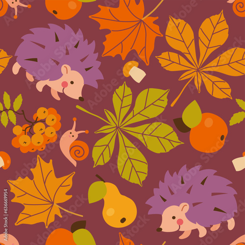 Colorful autumn seamless pattern with cute hedgehog, snail, mushrooms, berries, fruits, leaves in flat style. Endless texture for fabric, clothes, background, textile, wallpaper. Vector illustration.