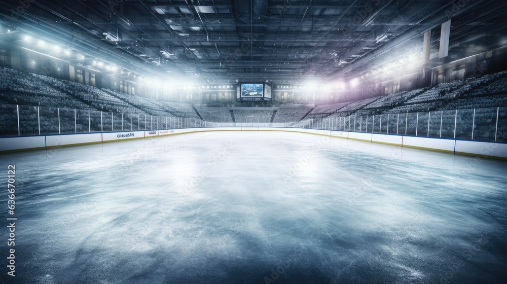 Modern hockey arena with smooth ice surface and grandstands