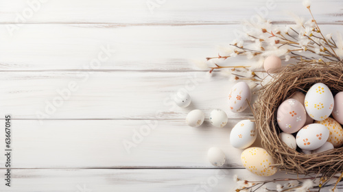 Easter background with Easter eggs and spring flowers on wooden table on top view with copy space