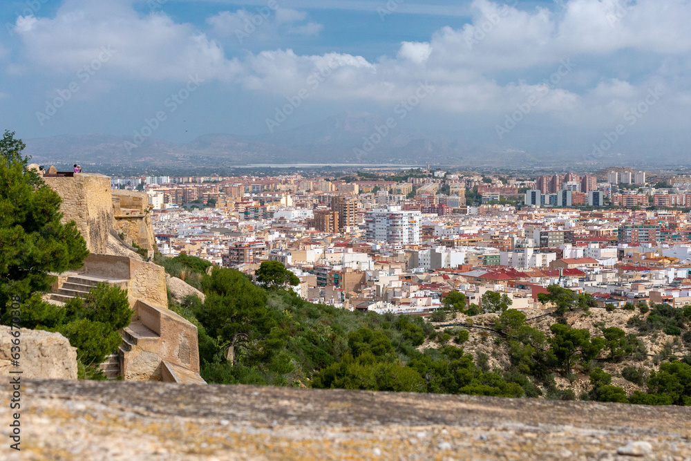 Panoramic view of Alicante, houses and streets from Santa Barbara Castle, Spain. Travel to Spain
