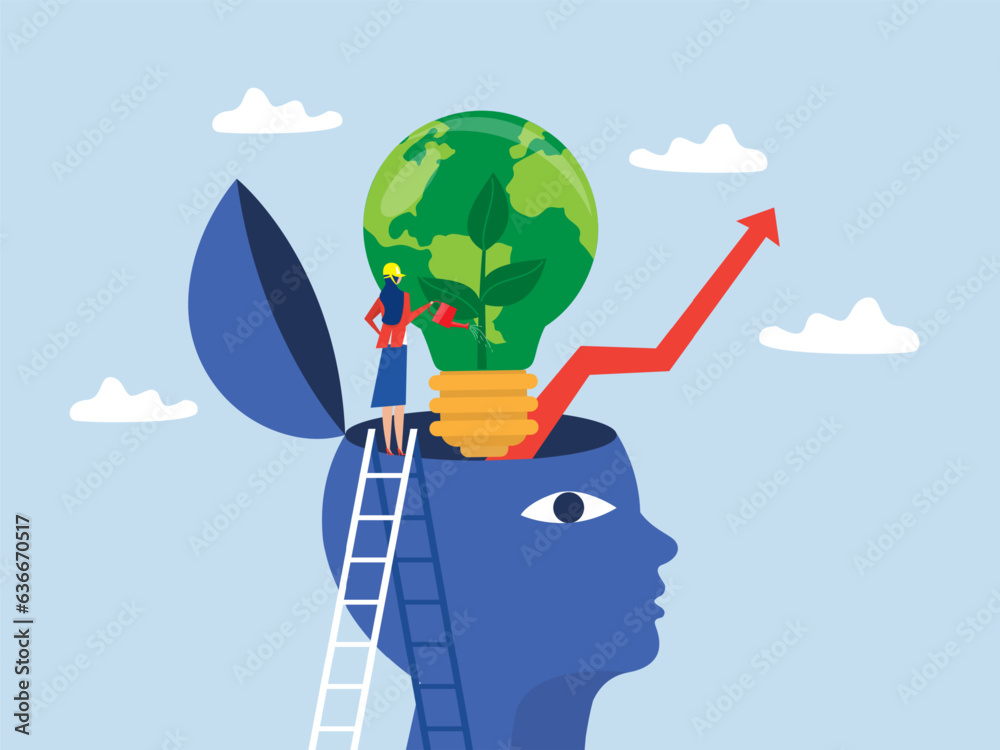 Save nature energy light bulb, businesswoman water tree growing from