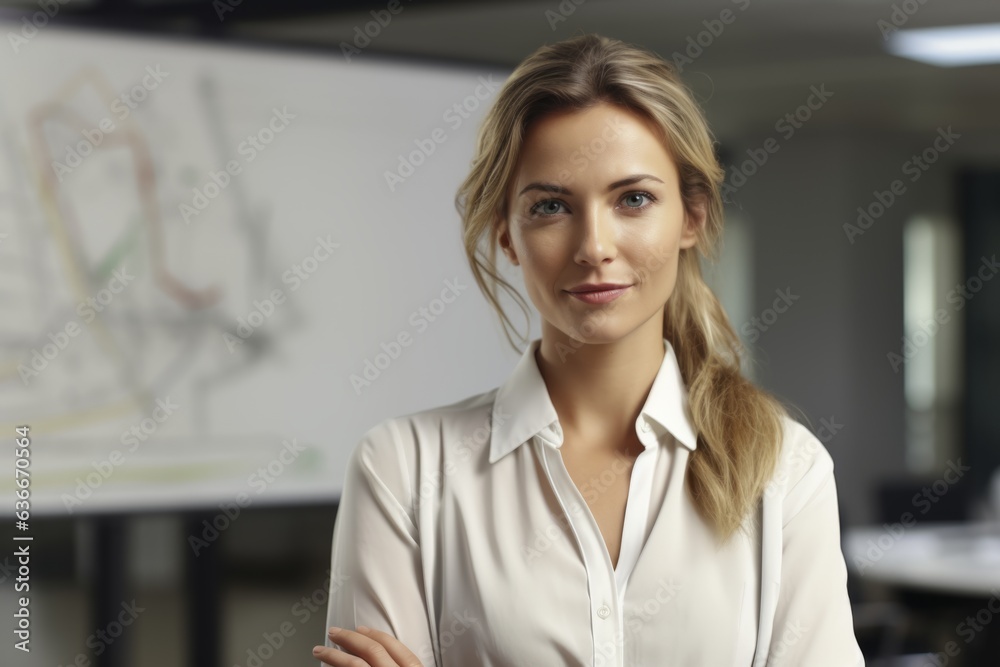Obraz premium Corporate portrait woman european confident businesswoman posing in office company indoors hands crossed smiling toothy successful top manager female girl employer business leader looking at camera