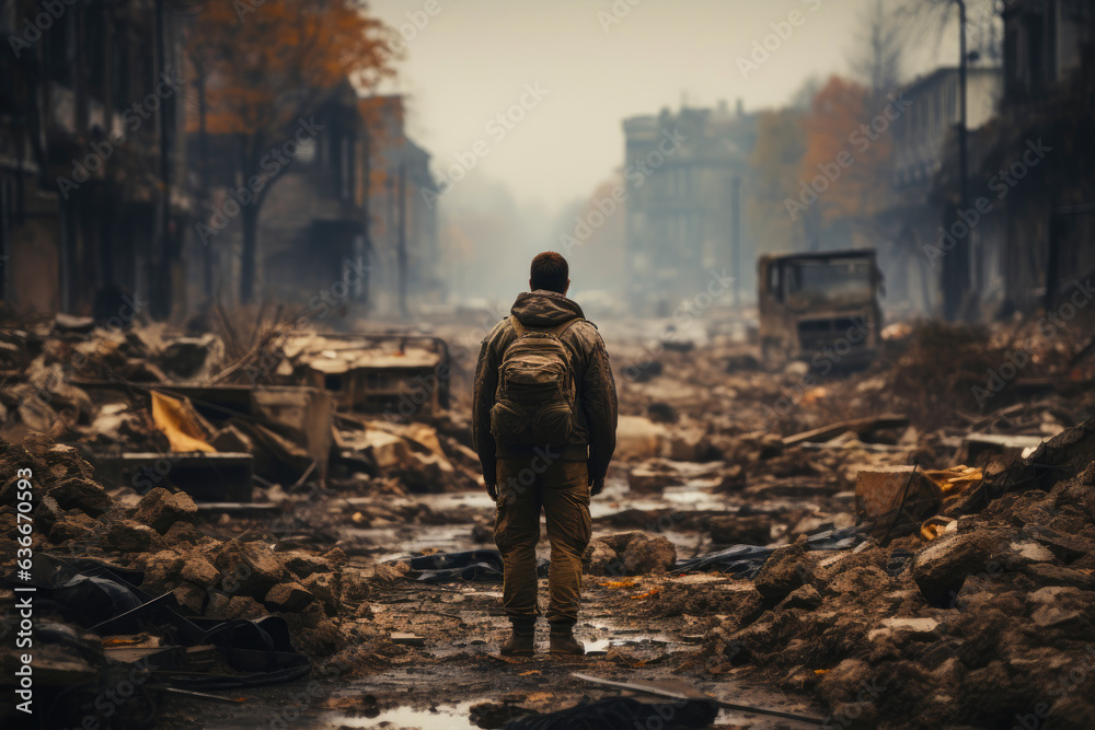 Soldier Amidst Urban Destruction