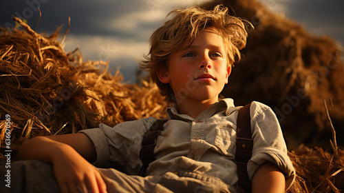 Child lying on a haystack in the field. photo