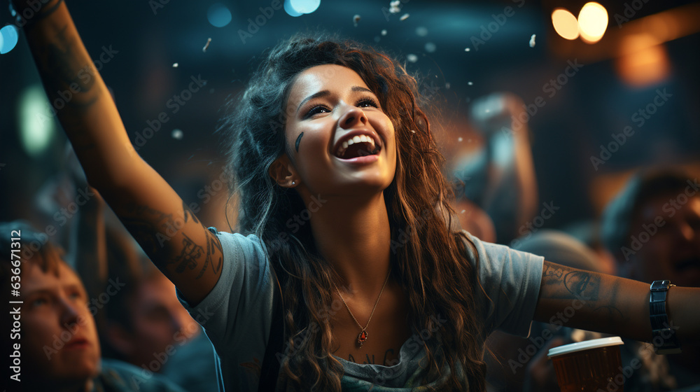 Fototapeta premium Excited friends, sports fans celebrating victory of favorite football team.