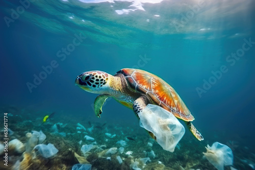 Ocean Pollution: Sea Turtle Trapped in Plastic © Andrii 