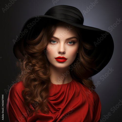 Modern dressed woman with black hat and red dress on black background, AI Generated