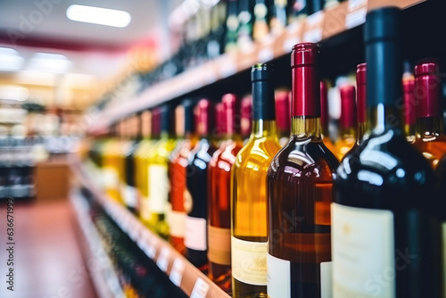 Blurred Wine Bottle Aisle in a Supermarket