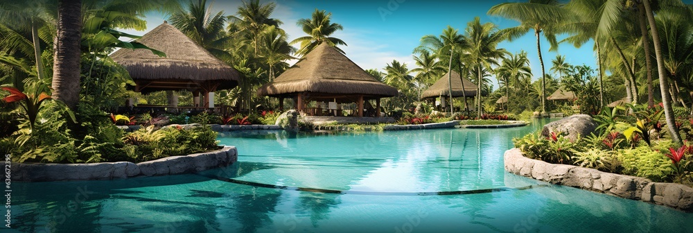 Swimming pool in a tropical resort with palm trees. Panorama