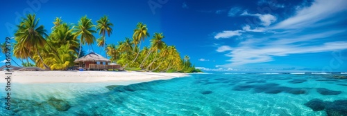 Panorama of beautiful tropical beach. Tropical beach with coconut palm trees and turquoise sea. Palm tree on tropical beach with turquoise water and white sand.