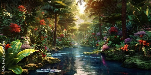 Fantasy landscape with tropical plants and river.