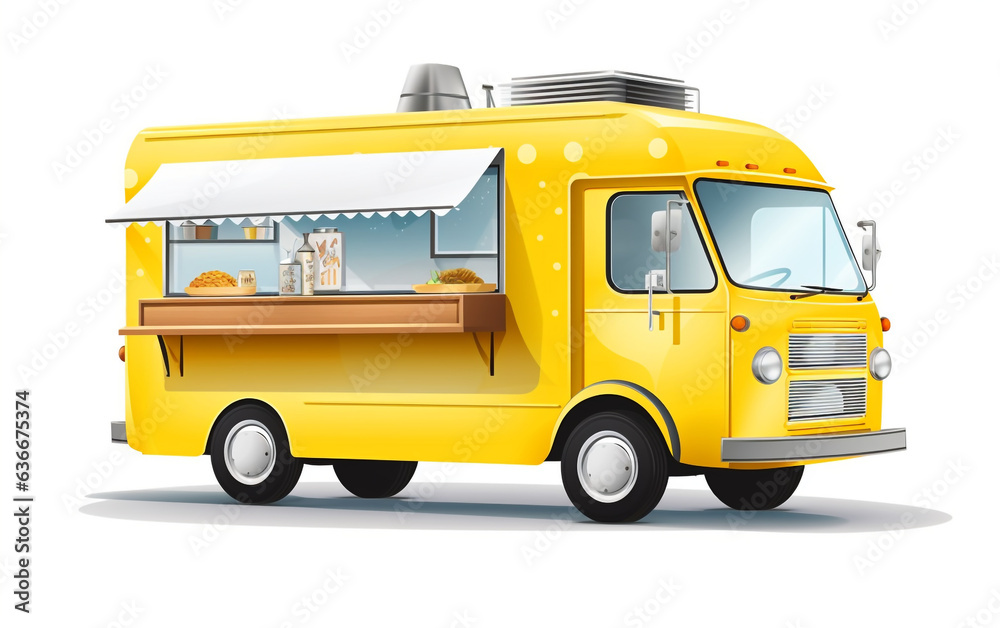 A charming vintage yellow food truck with a rooftop advertising sign board, isolated on a white background. Captured beautifully in a vector illustration.